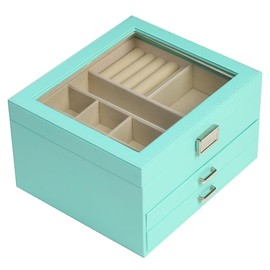 BOOVO Clear Lid Jewelry Box,3 Layers Jewelry Organizer Large Multi-Functional Jewelry Storage Box with 2 Drawers,Jewelry Display Case of Rings Earrings Necklace Bracelets for Women Girls (Turquoise)