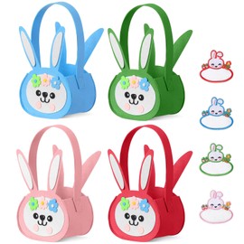 SiliFine 4 Pcs Felt Easter Bunny Basket Bag with Name Stickers Set 8" Easter Egg Hunt Bags Bulk for Kids Gift Baskets Rabbit Tote Bag Party Supplies Favor (4 Colors)