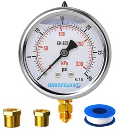 Hansfelds 0-30psi Liquid Filled Pressure Gauge 4''Dial Face 1/4" NPT Lower Mount Stainless Steel case for Water Oil Gas Media accuracy1.6 with 1/4" x 1/2" NPT and 1/4" x 3/8" NPT Hex Reducer