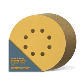 POWERTEC 44215G-50, 6" x 8 Holes, 150 Grit, Hook & Loop Sanding Disc, 50PK, Gold