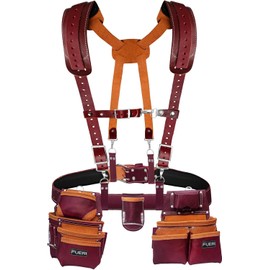 FUERI Leather Tool Belt with Suspenders Dual Hammer Holsters Heavy Duty for Men Construction Carpenter Electrician Framer Women