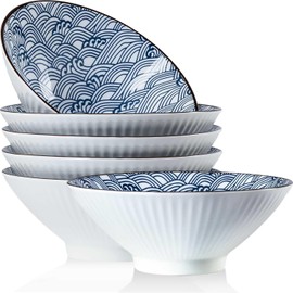 QINLANG 38 oz Japanese Ramen Bowls Set of 6, Pho Bowls, 8 Inches Blue and White Ceramic Soup Bowls, Wave Pattern