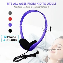 Konohan 32 Pack Headphones Bulk Classroom Headphones Student Headphones Class Set Headphones for Kids Wire Headphones Adjustable with 3.5 mm Jack for Children Adult(Red, Purple, Gray, Black)