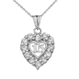 Dainty Sterling Silver 15 Anos CZ Quinceanera Heart Pendant Necklace, 18"
