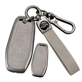 ontto 4-Button Key Shell Case Fit for Ford F150 Fusion Mustang Edge Explorer 2013-2017,Metal and Leather Key Fob Protector Fit for Lincoln MKC MKX MKZ 2013-2018 Car Accessories,Grey