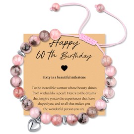 VEEDOFA 60th Birthday Gifts for Women, Girls' Adjustable Pink Zebra Stone Bracelet, Natural Beads, Hypoallergenic Weaving Buckle, Lightweight Jewelry for School Days & Birthday Gifts
