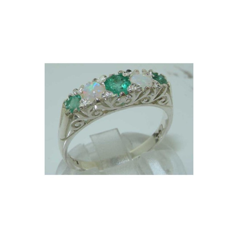 Luxury Solid Sterling Silver Natural Emerald & Opal Victorian Style