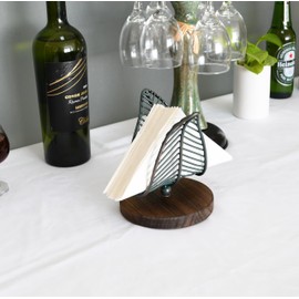 OwlGift Freestanding Modern Napkin Holder w/Golden Turquoise Wrought Iron Leaf & Brown Wooden Base Design, Tabletop Tissue Dispenser, Napkin Storage Organizer
