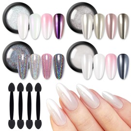 Born Pretty BORN PRETTY Chrome Nail Powder,White Pearl Metallic Mirror Holographic Chrome Powder for Nails,Pearl Glitter Pigment Dust Kit Nail Art Decoration Sets