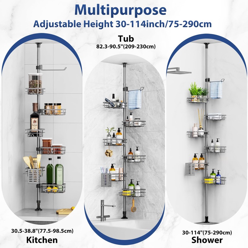 Corner Shower Caddy Organizer Tension Pole, Adjustable 6 Shower Shelves
