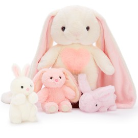 MorisMos Bunny Teddy Set, 4pcs Realistic Rabbit Soft Toy, Cuddly Fluffy Bunny Plush Toy, Kawaii Stuffed Animal Present for Boys Girls Birthday Deco