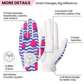 Golf Gloves Women Right Hand Half Finger Leather with Bling Ball Marker Value Pack, Colored Glove for Left Handed Golfer All Weather Grip (Half-Colored Stripes, Large, Right)
