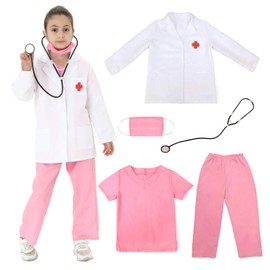 Sincere Party Kids Doctor Costume,Doctor White Coat with Pink Scrubs and Stethoscope Set 3-5Years