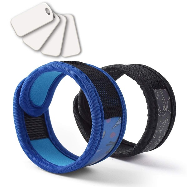 BuggyBands 2 Pack Mosquito Bracelet with 4 Essential Oils Refills, Waterproof Wristbands for Kids & Adults, Natural Deet-Free Resealable,Safe Indoor Outdoor Protection (Blue-Black)