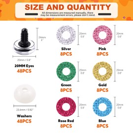 Tanstic 48Pcs 20mm Glitter Plastic Safety Eyes Half Round Eyes Stuffed Animal Eyes for DIY of Puppet, Bear, Toy Doll Making Supplies