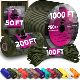 TECEUM Paracord Type IV 750 lb Army Green – 50 ft – 4mm – 100% Nylon Strong Tactical MIL–SPEC Parachute Cord – Survival Rope Emergency Para Cord 11 Strands Core EDC Camping Hiking Military Gear 010a n
