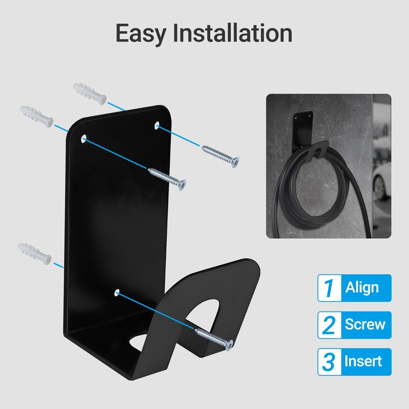 Tera EV Charging Cable Holder: Heavy Duty Wall Mount J-Hook