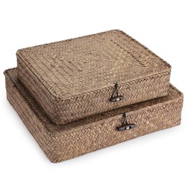 Sumnacon Set of 2 Seagrass Storage Basket Handmade Weave Hamper Shelf Organiser Baskets Chest with Lid Multipurpose Container, Coffee