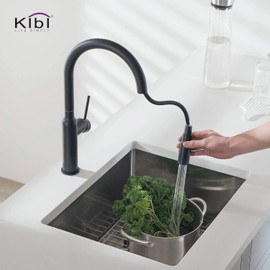 KIBI Hilo Single Handle Pull Down Faucet for Kitchen Sink | Solid Brass High Arc Faucet Spout | 360 Degree Swivel Kitchen Faucet with Pull Down Sprayer (Matte Black) (KKF2008)