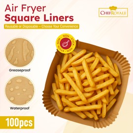 CHEF ROYALE 100pcs x Air Fryer Liner - 6.5 inches Square Parchment Disposable Paper Liner - Compatible with COSRI, Ninja, Tefal, Russell Hobbs Fryers (Unbleached 100pcs)