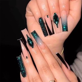 RUOKEXIN Long Coffin Press on Nails Black French Tip Fake Nails Green Glitter False Nails with Rhinestones Designs Full Cover Glue on Nails Glossy Artificial Nails Cute Stick on Nails for Women 24Pcs
