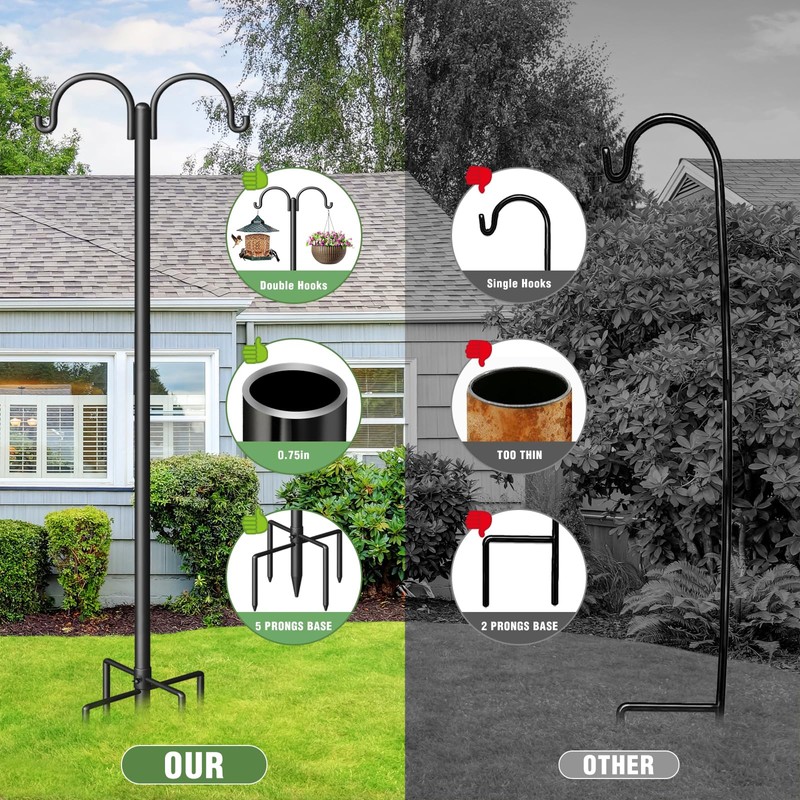 Double Shepherds Hooks for Outdoor, Heavy Duty Bird Feeder Pole