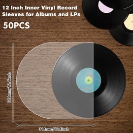 KYYGKY Inner Vinyl Record Sleeves, 50 PCS 12 Inch LP Vinyl Inner Sleeves Anti Static Vinyl Covers for Vinyl Albums, Semi-Transparent Round Record Album Covers Fit Single Double Albums and LPs