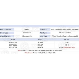 QJZ [2-Pack] BR930583K FRONT Wheel Hub and Bearing Kit for 2013-2016 Honda CR-V AWD