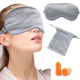 IYOU Mulberry Silk Eye Mask Satin Silk Gray Eye Cover Travel Nap Meditation Sleep Masks with Elastic Strap and Ear Plug Blackout Eye Covering Jewelry for Women and Men