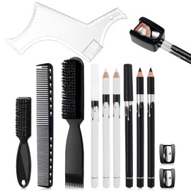 DUAIU Kit de Herramientas Moldeadoras de Barba de 12 Piezas para el Cuidado Masculino, Lápiz de Marcado Blanco y Negro con Sacapuntas, Guía para Perfilar Línea del Cabello y Barba, Peines y Cepillos para Limpieza de Máquinas y Peinado