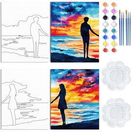 WEBEEDY 2 Pack Pre Drawn Canvas Painting Kit for Adult Couple Date Night Painting Set for Painting and Sip, Love Theme Art Painting Party Supplies for Christmas Valentine's Day Gift, 20x25cm/8x10