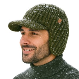 TOP-EX DryKnit™ XL/XXL Waterproof 80% Merino Wool Peaked Beanie Hat Men Large Head with Ear Flaps & Fleece Lined, Winter Warm Golf Visor Beanie Hat Windproof for Golf Fishing, Green