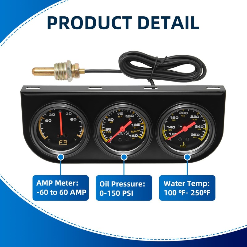 MH 2inch 52mm Triple Gauge Set, Oil Pressure Gauge Water