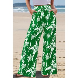 CFLONGE Wide Leg Pants for Women 2025 Casual High Waist Floral Palazzo Pant Flowy Trendy Beach Boho Trousers with Pockets(Green,Small)