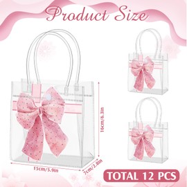 MotiMind 12 Pcs Pink Bow Clear PVC Gift Bag with Handle, 5. 91 x 6. 3 x 2. 76 Inches Pink Coquette Bowknot Tote Bag for Bachelorette Bridal Baby Shower Wedding Birthday Party Favor
