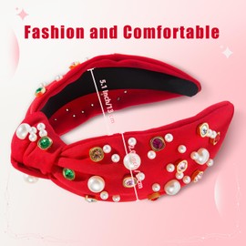 VicJasmine Knotted Headband for Women Girls - Rhinestone Crystal Pearl Embellished Jeweled Hairband Wide Top Knot Fashion Accessories Birthday Party Gift Hair Band (Red)