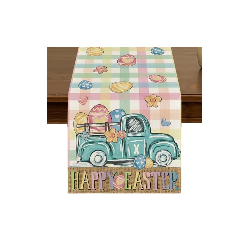 Happy Easter Carrot Egg Truck Daisy Table Runner 13x72 Inch