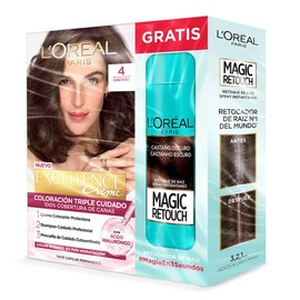 L'Oreal Paris, Tinte De Cabello Excellence Creme De Tono 4 Castaño + 1 Magic Retouch Castaño