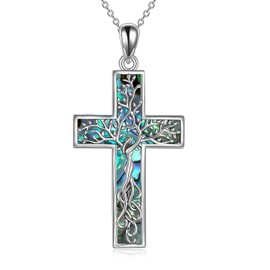 YFN Cross Tree of Life Necklace Sterling Silver Abalone Shell Tree of Life Pendant Jewelry for Women Gifts