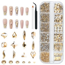 qiipii- 【1 caja B Set 12 rejillas de diamantes de imitación dorados champán para uñas + pinzas de acero inoxidable + bolígrafo para recoger】Total de 2052 piezas de cristales de uñas de diamantes de i
