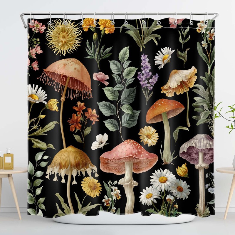 DEMCEAR Country Mushroom Floral Shower Curtain,Black, 72W X 72L inches