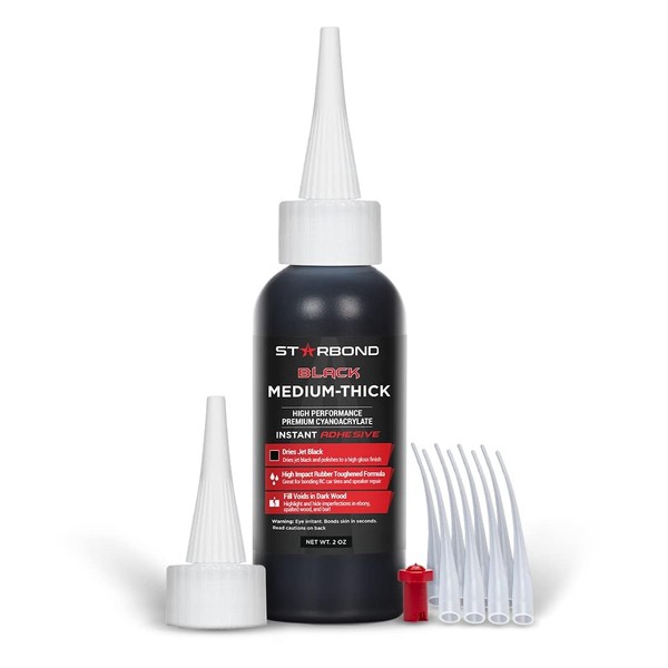 Starbond 2 oz. Black Medium-Thick CA Glue (Premium Cyanoacrylate Super Glue) Knot Filler 500 CPS Viscosity for Woodworking, Woodturning, Carpentry, Guitar, RC Hobby