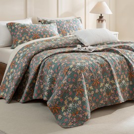 QSH 3Pcs Floral King Quilt Set (110"x98") -100% Cotton Quilt King Size Bedding Set Luxury Paisley Flower Botanical Printed Bedspread Coverlet King Soft Lightweight Quilted Bedding Set