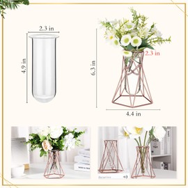 4 Pieces Rose Gold Glass Flower Vase for Centerpieces Geometric Vases Desktop Glass Planter Metal Stand Iron Tall Hydroponic Vase for Tables Flowers Wedding Plant Home (6.3 Inch)