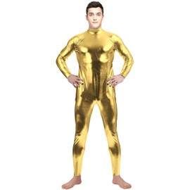 Aniler Unisex Shiny Metallic Unitard Zipper Tight-fitting Stretchy Costume Bodysuit (XX-Large, Gold)