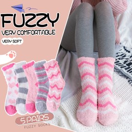EBMORE Womens Fluffy Socks Slipper Cosy Bed Soft Plush Warm Winter Cabin Stocking Fillers Ladies Fuzzy Socks（Mix Pink Grey(5 Pairs）