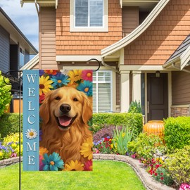 HILILIAN Golden Retriever Welcome Spring Summer Garden Flag Colorful Daisy Garden Flag dog 12x18 Inch Double Sided Small Burlap Seasonal Holiday Flag for Outside Dog Yard Decoration(3752)