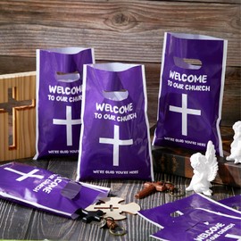 Cholemy 100 Pcs Welcome To Our Church Treat Bags, Church Candy Bags with Handle Christian Events Plastic Goodie Bags Colourful Party Supplies and Gifts Wrapping Bags, 9.84'' x 6.5''