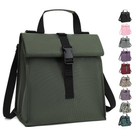 Insulated Lunch Bag for Men/Women/Kids, Roll top Reusable Lunch Box with Adjustable Shoulder Strap, Thermal Leakproof Lunch Cooler Tote Container for Adults/Teens School Work Office Picnic,Army Green