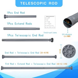 Enlargement Diameter 1 inch Grey Spring Tension Curtain Rod 40"-64.5"，Adjustable, No drilling Telescopic Shower Curtain Rods for Windows/Bathroom/Closet/Kitchen/bedroom/Doorway